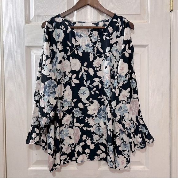 J.Jill Long Sleeve Women's Blouse Cold Shoulder Ruffle Cuff Blue Floral Size XL - Picture 1 of 7